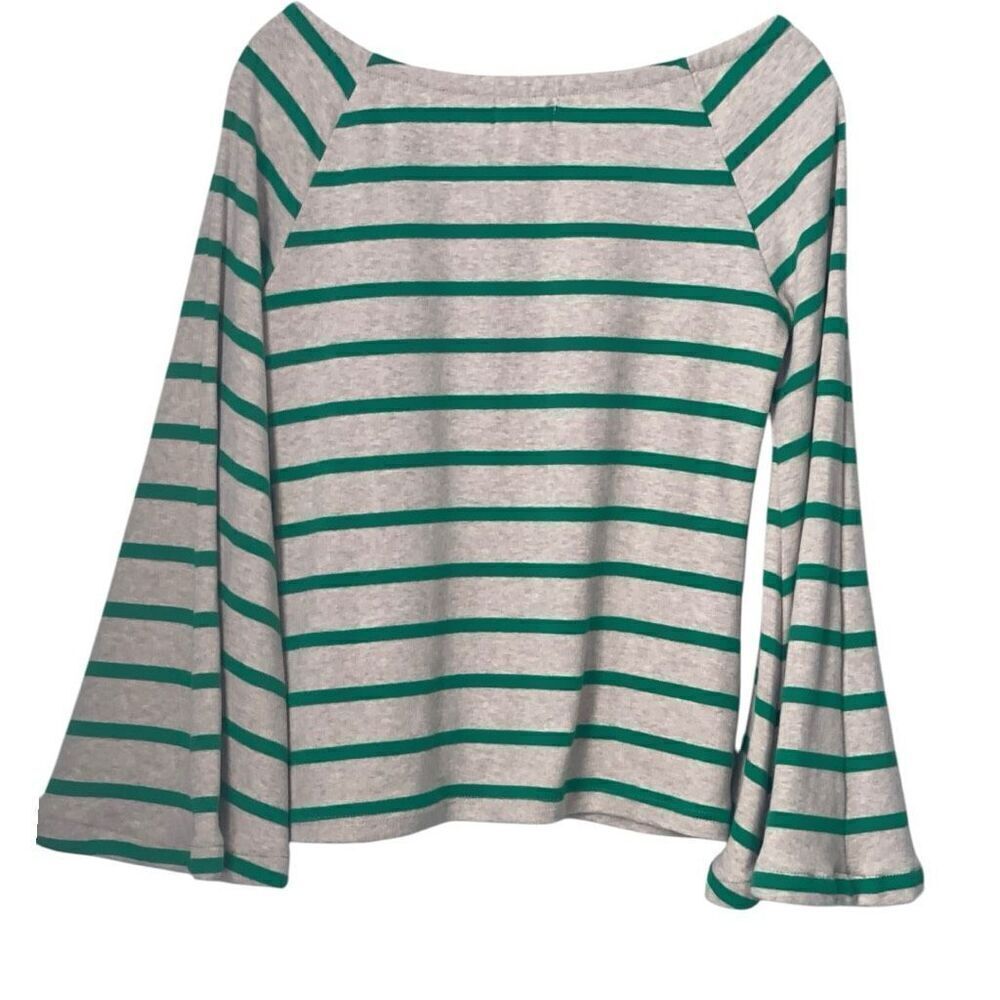 Anthropologie Deletta Striped Top Size Medium Bell Sleeve Oatmeal and Green - Picture 4 of 6